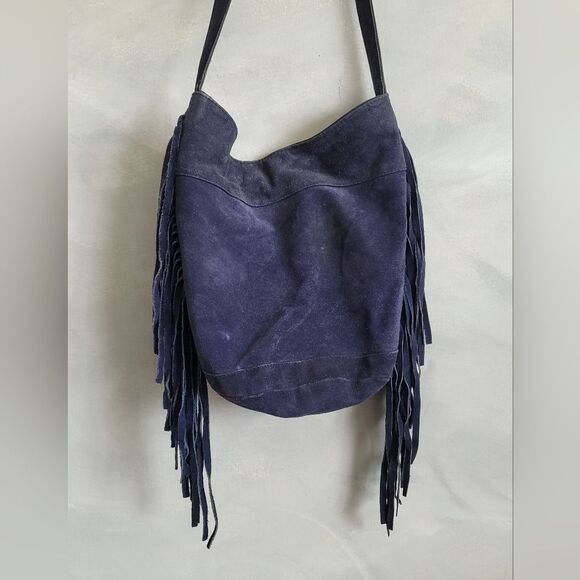 Ecote Blue Suede Side Fringe Cow Leather Bucket Sling Bag - Picture 9 of 15